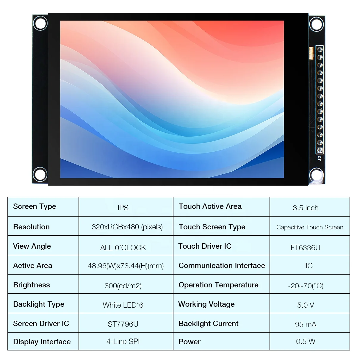 3.5 Zoll TFT LCD Displaymodul 320x480 – SPI/Parallel-Schnittstelle, ST7796U Treiber, Mit Touchfunktion