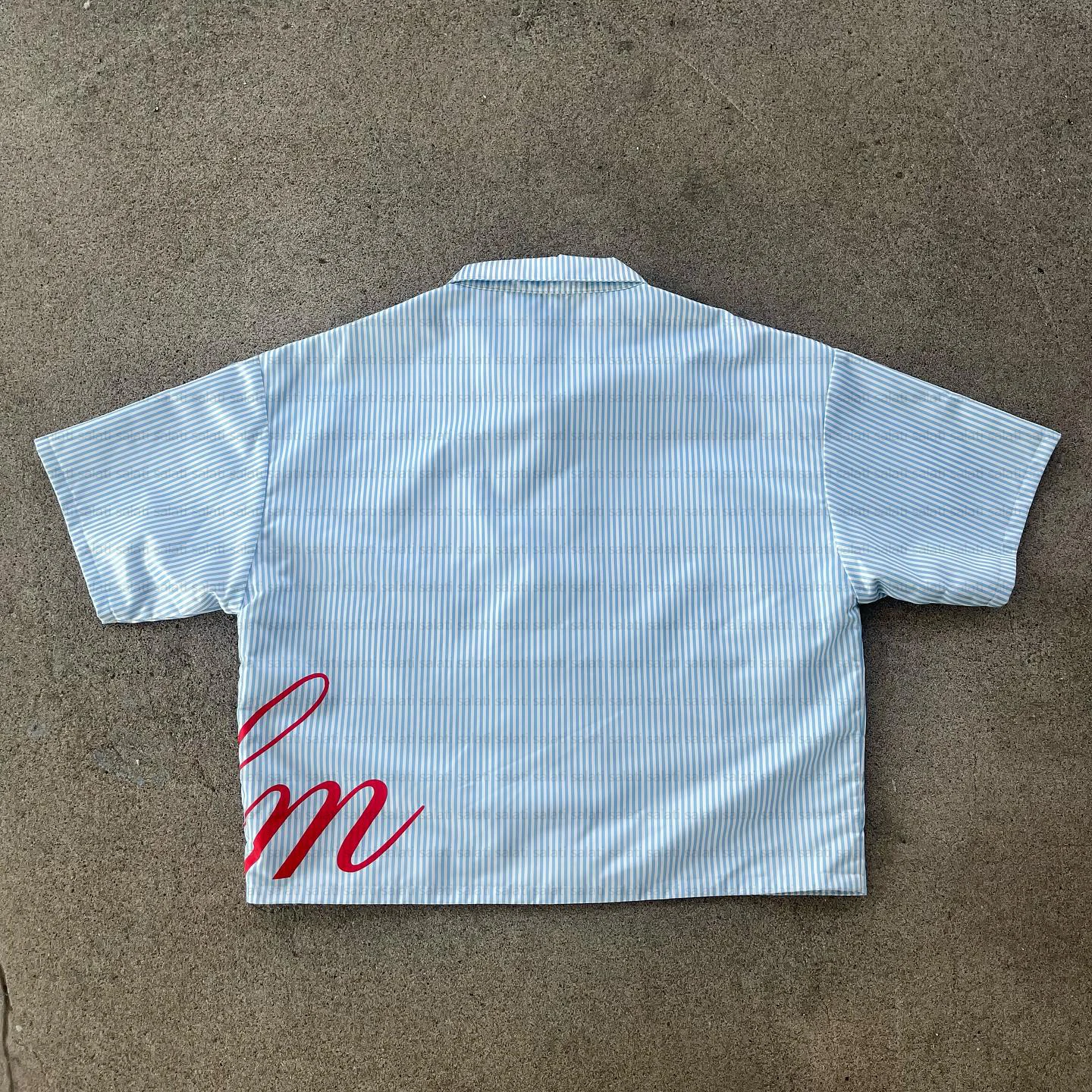 Shirts Manufacturer Streetwear Summer Short Sleeve Screen Printing Over Size Zip up Collar Stripe Boxy Cropped Shirts for Men gallery 3
