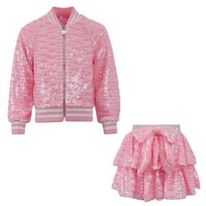 Customizable Girls' Pink Sequin Bomber Jacket Tiered Bow Embellishment Skirt Set for Party