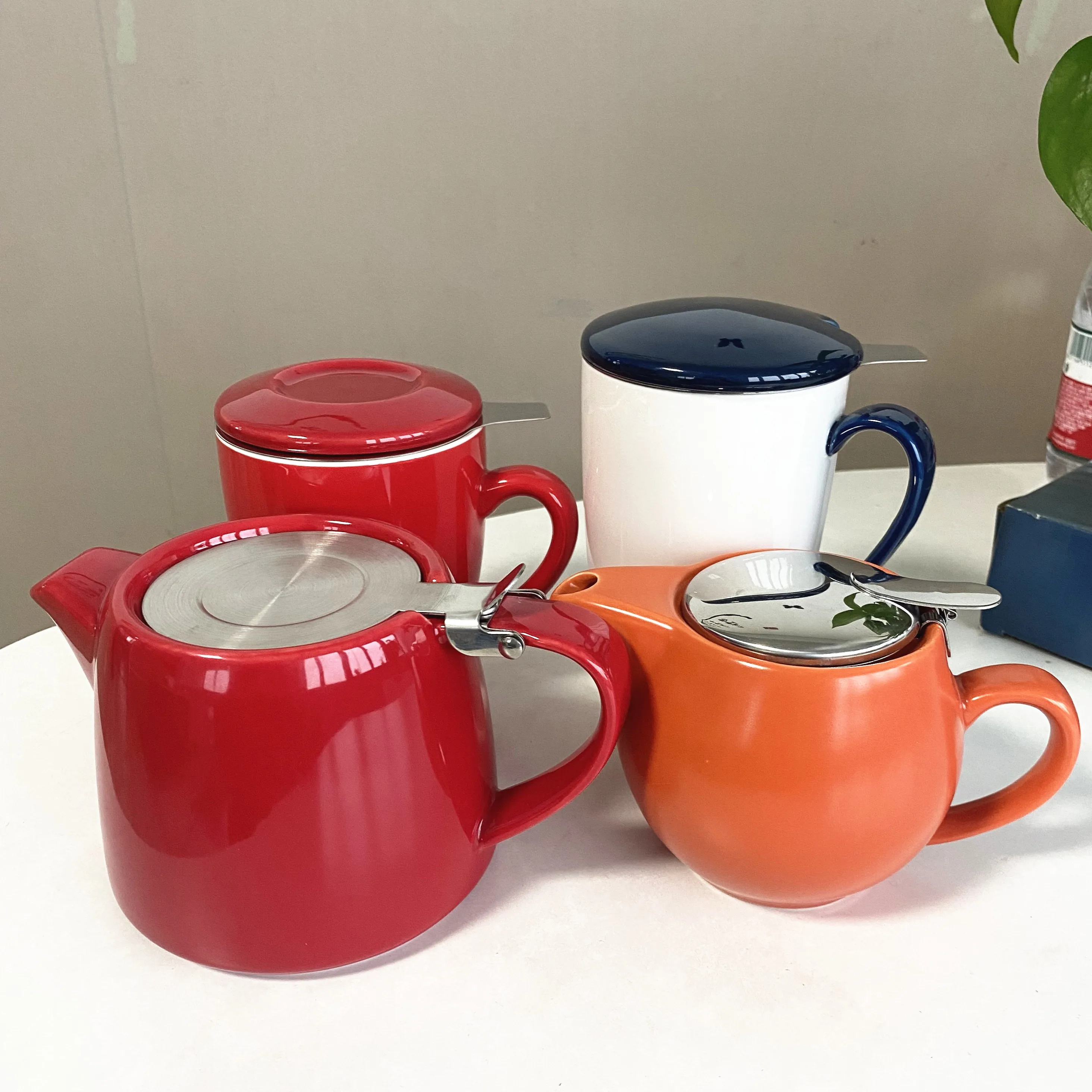 Custom Printed White Green 350ML 450ML Microwave Safe 15oz Ceramic Coffee Cup Set with Infuser and Lid for Travel and Holidays