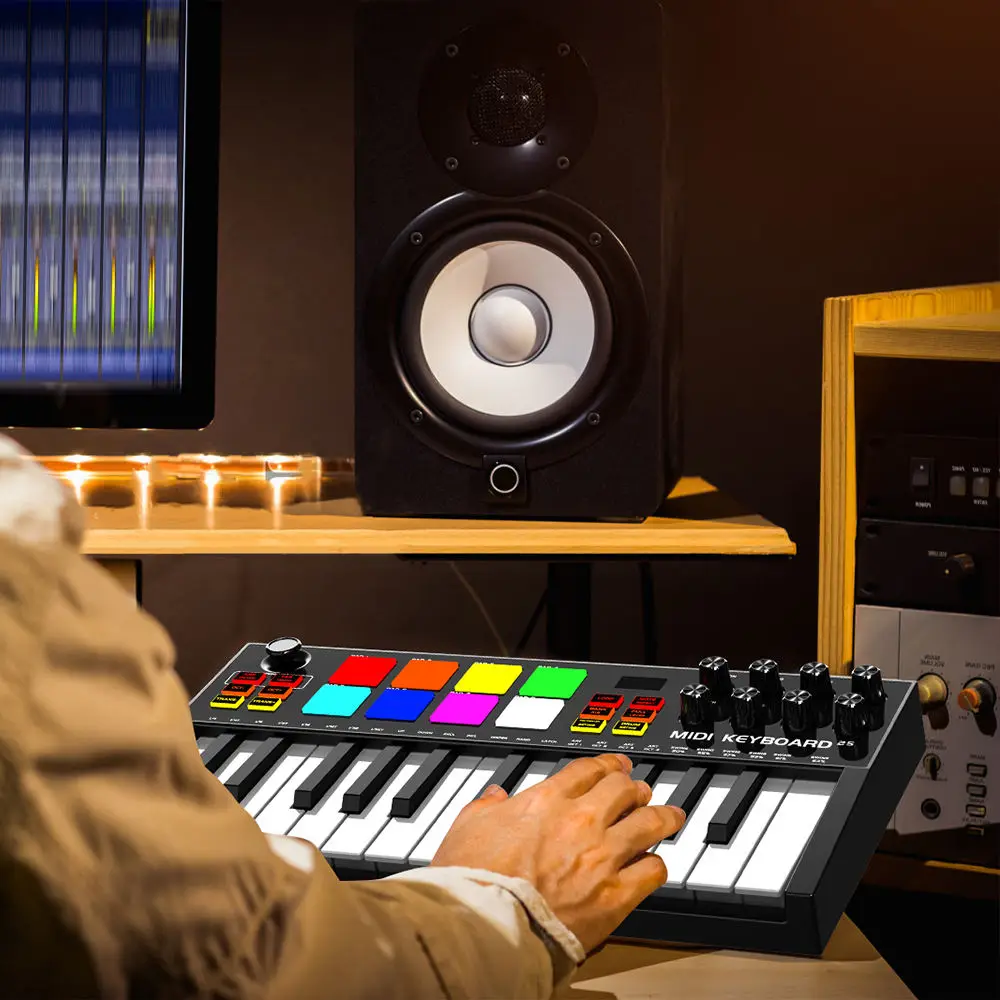 25-Key USB MIDI Keyboard Controller with Drum Pads & Effects