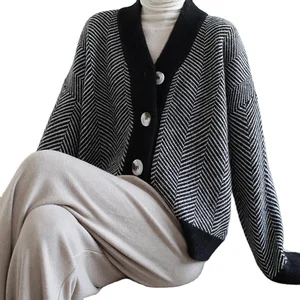 Custom High Quality Spring Autumn  Soft Stripe Single-Breasted Knitted Cardigan Coat for Women Winter Outerwear Sweater