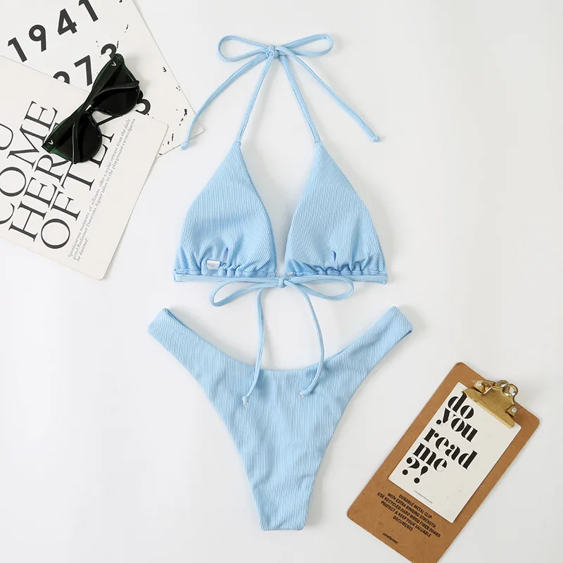 NEW STOCK 5Colors Triangle Top With Pad Textured Bikini Sexi Lady Brazilian Swimwear