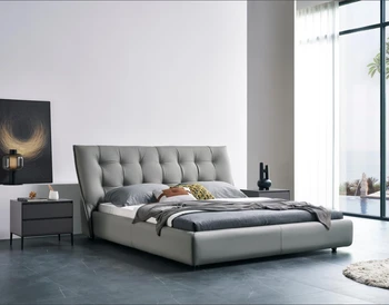Modern Italian Minimalist Double Bed Light Luxury Ins Wind for Master Bedroom Fabric Wooden Panel Home Use