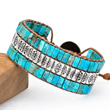 Poya Natural Stone Woven Bracelet Single Loop Multi-Layer DIY Beaded Leather Hand Woven Bracelet Boho Style Hand Jewelry