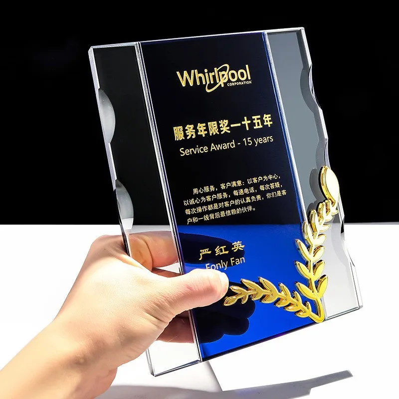 Factory Wholesale Cheap Price Crystal Glass Wood Plaque Award With Custom Design details