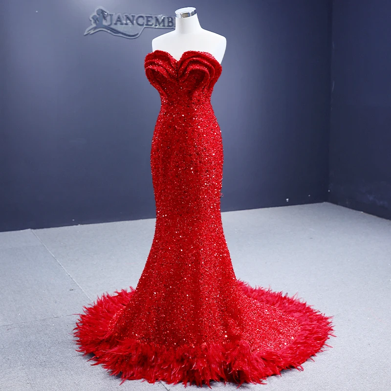 chinese dress ladies Charming Long Sweetheart Red Mermaid Sequined Prom Dress with Veil main image 0