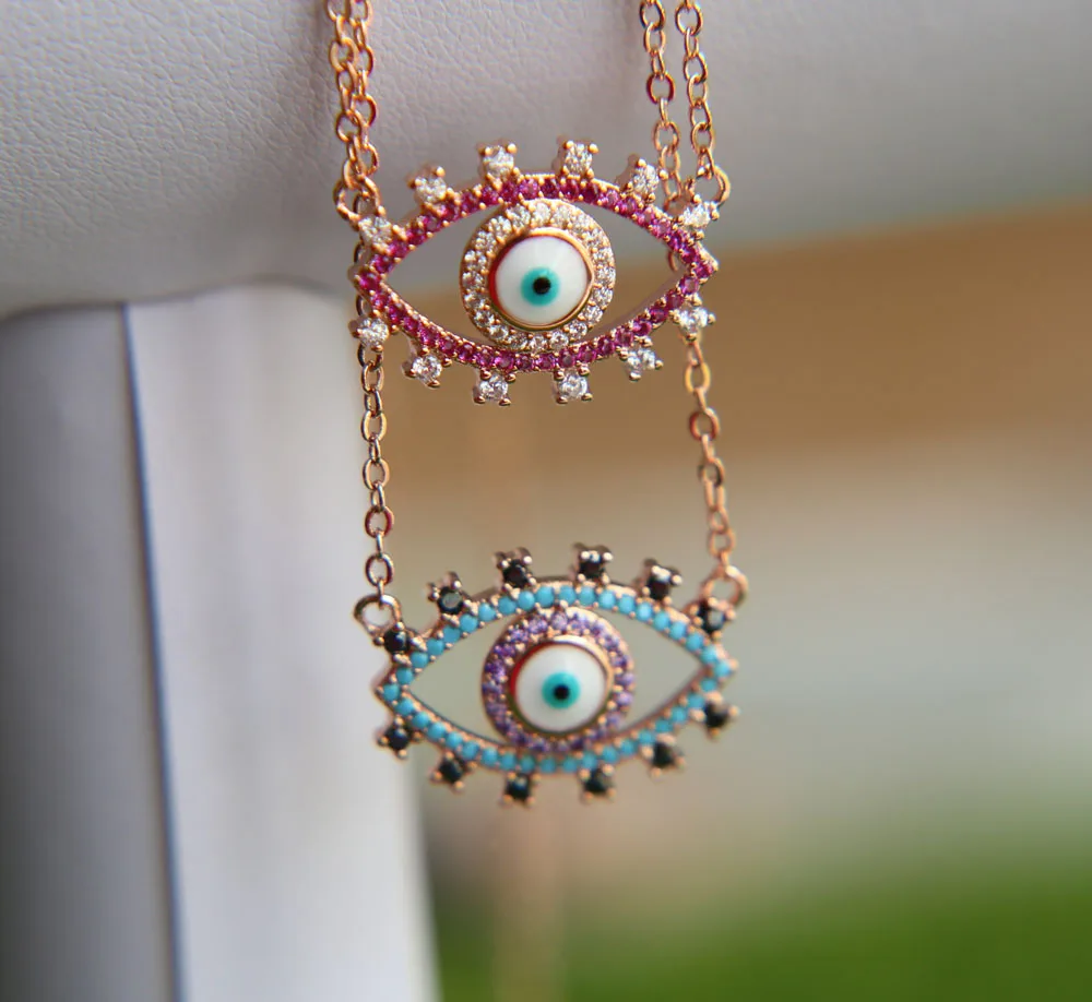Top Quality Real Micro Pave Cz Geometric Shape Evil Eye 20 Grams Gold Necklace Designs