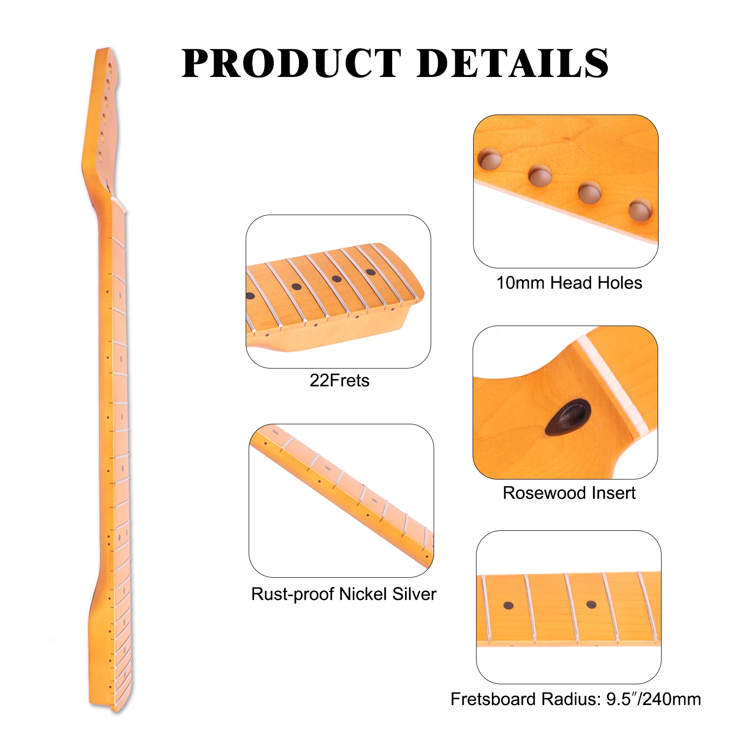 St Guitar Neck Maple Neck 12" Radius 10 Mm Holes 22 Frets Satin Finish