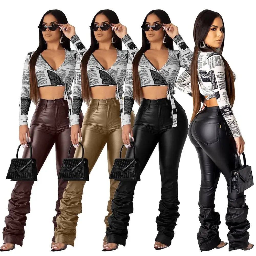Faux Leather Pants For Women Flared Hem 