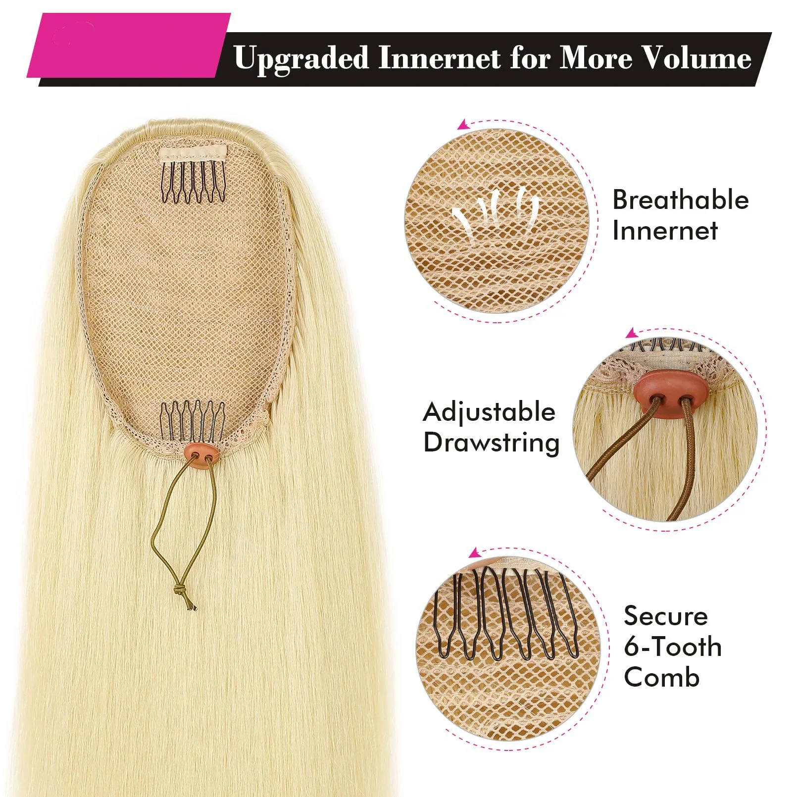 613 Blonder Pferdeschwanz mit Kordelzug, 100 % Echthaar-Extensions, Clip-in-Haarteil für Frauen_voghion.com