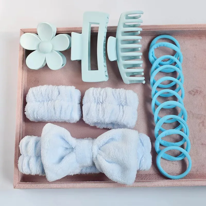 Custom Wholesale 16pc/set Elastic Hair Tie Claw Clips Fashion Bow Headband Spa Gift Set for Women Accessories