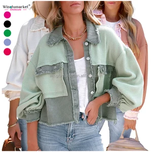 Hot Trending Fall Jean Jackets Cropped White Waffle Patchwork Short Shacket Fringe Raw Hem Washed Denim Jacket for Women