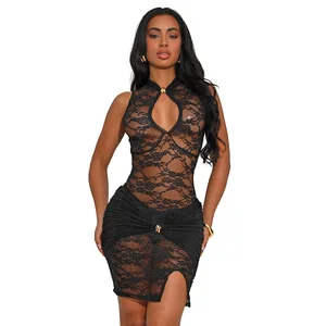2026 Spring New Arrivals Dress Women Elegant Dresses Slim Fit Sexy Lace Patchwork Hollow Sleeveless Slit Mini Party Dress