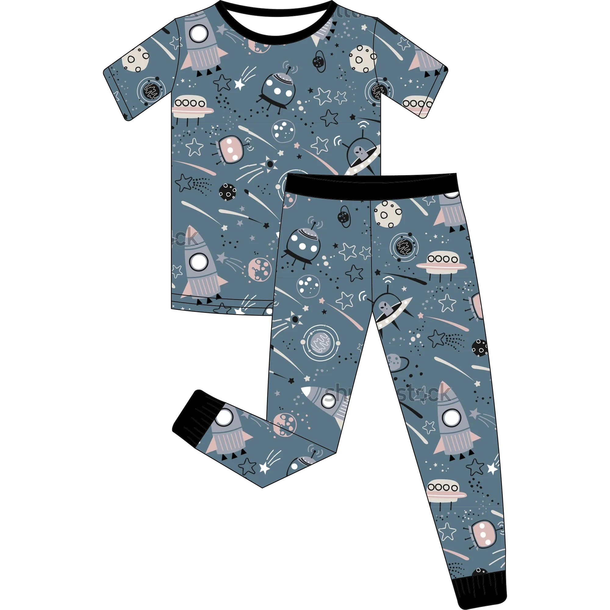 LOW MOQ Custom Bamboo Viscose Summer Rocket Pattern Zipper Pajamas