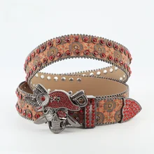 Wholesale Punk Style Skull Buckle Sparkly Rhinestone Bling Bling Cowgirl Belt Big Size BB Simon Diamond Studded Belt