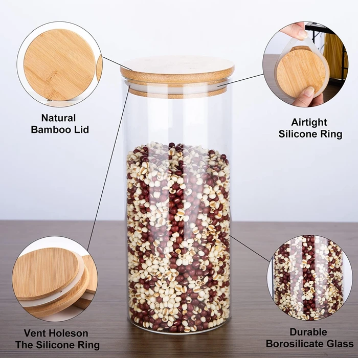 Set 8 Barattoli Di Vetro Con Coperchio In Bambù - Ermetici Per Alimenti | Diverse Dimensioni - Foto 4