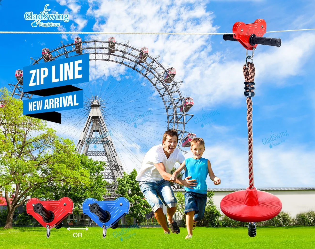 Customize Rope Length Kids Zip Line Kit With 5mm Stainless Steel Spring Brake and Seat, Ziplines for Backyards