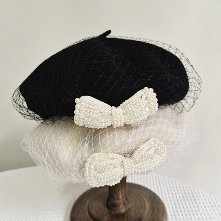 5918 Womens Black Beret Hat, Winter Classic French With Pearls Bow Black Beret Hats for Women Classic Pearl French Beret Hat  main image 2