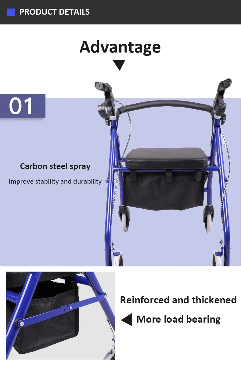 adult manual adjustable height four wheels folding aluminum mobility drive medical forearm walker rollator with seat manufacture