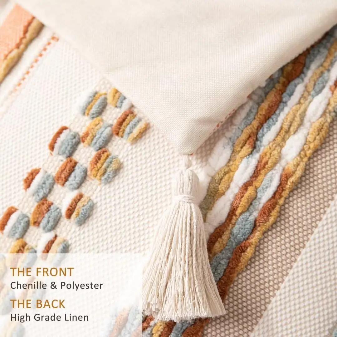 Boho Throw Cushion Cover  Woven Tufted Farmhouse Pillows Cover with Tassels Textured Striped Cushion Case Neutral Pillow Cases