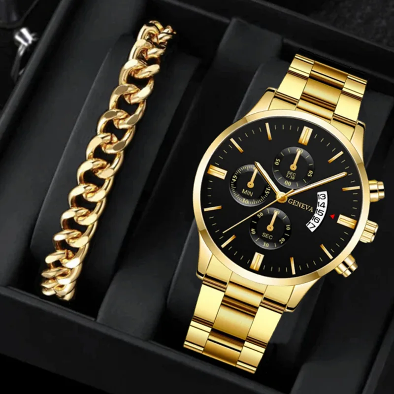 Classic Black Geneva Quartz Watch Set for Men - Stainless  display picture 2