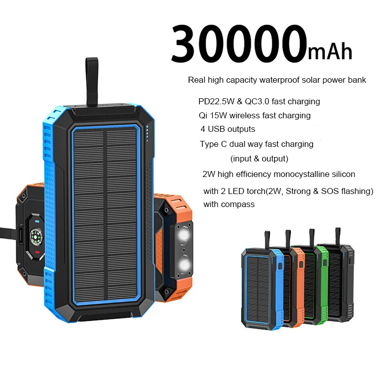 Solar Power Bank 30000mAh - Waterproof, Wireless Charging, 2 USB Ports + Flashlight