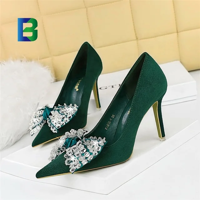 Fashion Banquet High Heels Slim Heel Suede Shallow Mouth Pointed Rhinestone Bow Tie Single Shoes Women's Shoes