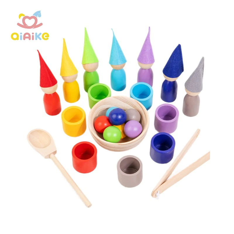 Grote Peg Poppen in Beker met Hoeden Peuter Houten Montessori Speelgoed Spielzeug Holz voor Kinderen Leren Kleuren Sorteren en Tellen