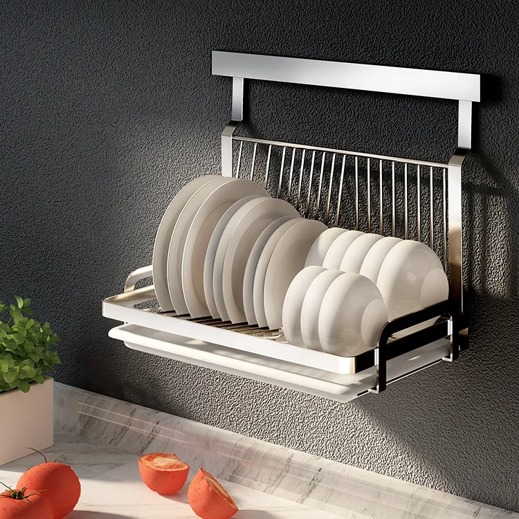 junyuan Dish Drying Rack Wall Mounted,Hanging Dish Drying Rack with Utensil  Holder,Kitchen Storage Plate Rack with Drain Board,Durable Stainless Rust