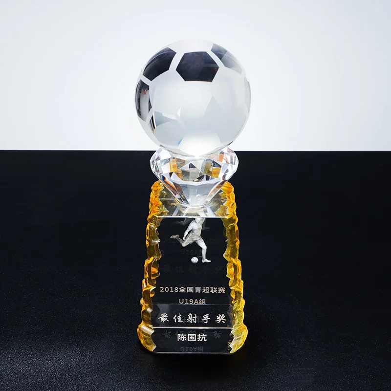 Factory direct sales can be customized k9 crystal color printing sports football sandblasted inside carved trophies manufacture