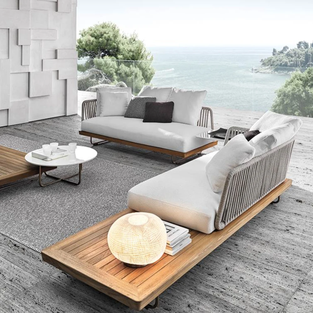 Aluminum Frame Corner Sofa Set Teak and Wicker Outdoor Furniture Rattan  Leisure Couch for Balcony Garden Patio