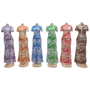 Wholesale New Sexy Slim Round Neck Short Sleeve Top Printed High Waist Women's Dress