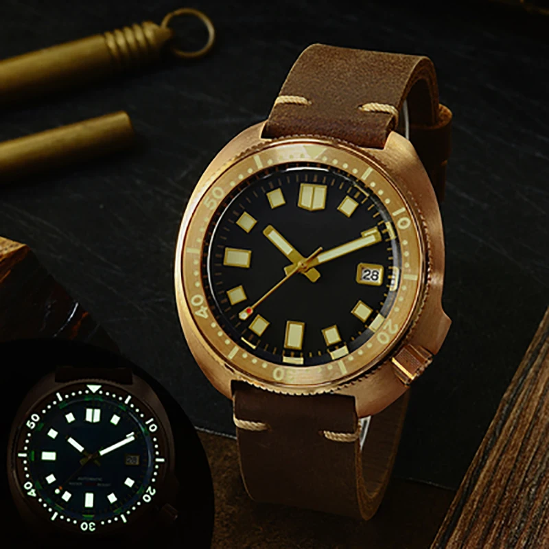 NH35 Movement Mechanical C3 Luminous Holvin cowhide leather band Tuna Cusn8 Bronze Diver Diving Automatic Watch Man