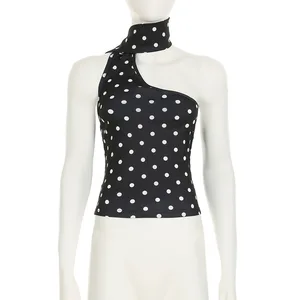 Single Shoulder Ribbon Hanging Neck Polka Dot Vest Wearing Revealing Backless Slim Fit Sleeveless Short Top for Sexy Women