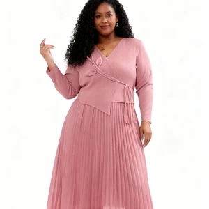 Elegant Pleated Midi Dress for Women - V-Neck Long Sleeve Knitted Top with Chiffon Skirt