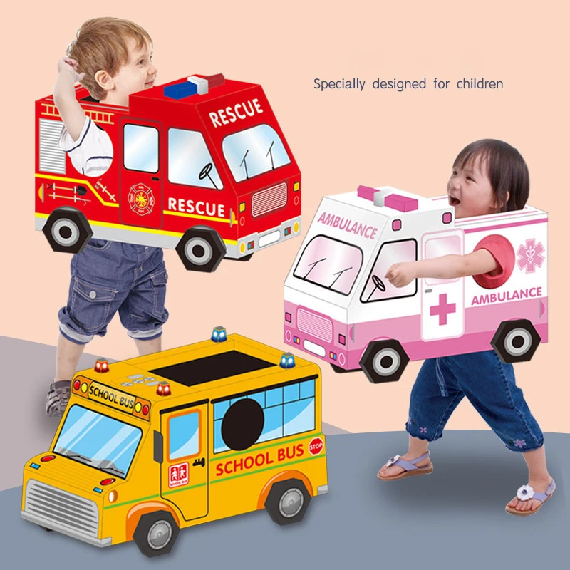 Kids Wearable 3D Cardboard Vehicle Model Cosplay Toys Children Assemble DIY Handmade Paper Box Performance Carton Play House Toy