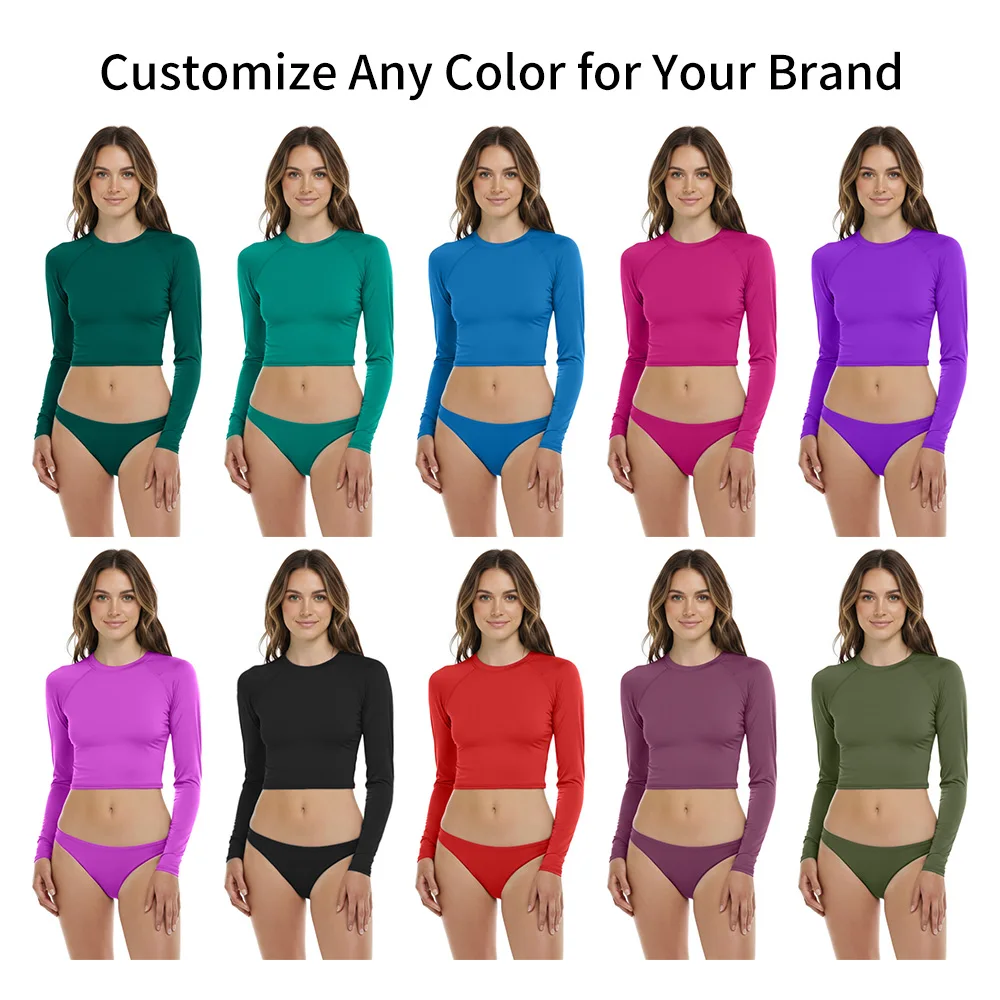 크롭 스타일 UPF 50 래시가드(여성용), 롱슬리브 크루넥, 플랫락 실밥 마감, 수영 래시가드, 맞춤 나일론/스판덱스 수영복 크롭 탑