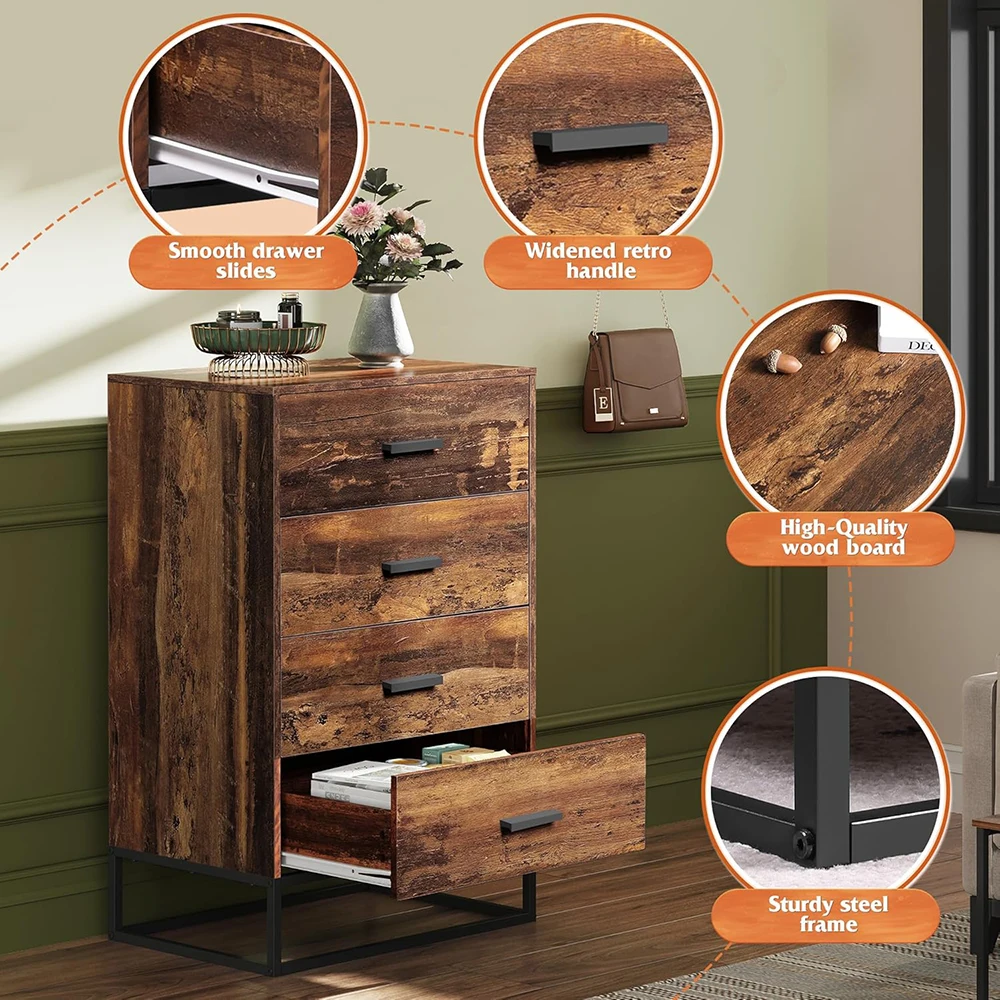 product modern wood dresser with 4 drawers tall sturdy metal frame wooden chest for bedroom  living room brown oak-5