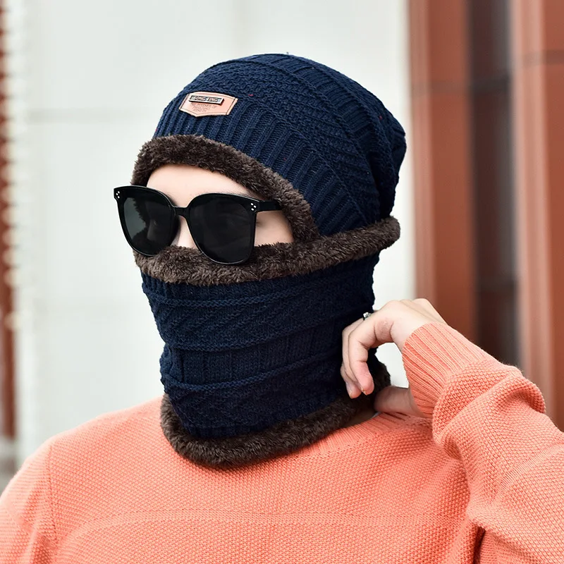 Soft Thicken Wool Ski Hat Men Warm Hats Neck Warm Winter Wool Hat Set ...