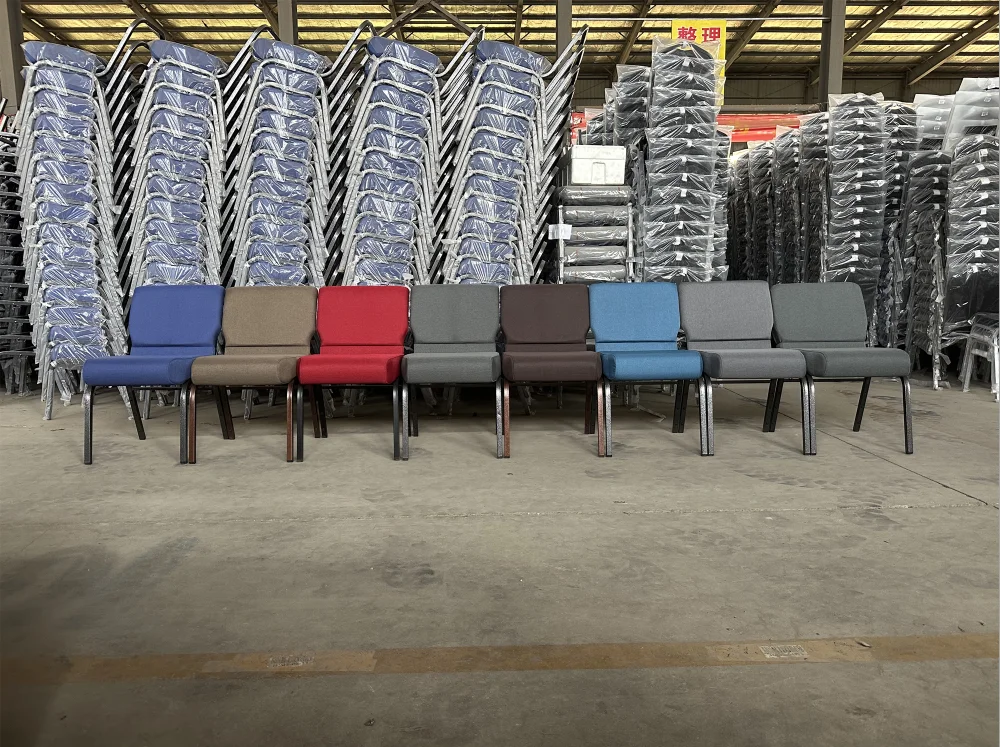 Modern Fabric Iron Padded Church Chair Stackable with Under Rack for Prayers in Church School & Hospital
