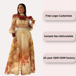 Custom Classical Women's Two-Piece Dress Floral Embroidered Blouse & Gold Pattern Party Dress Skirt Elegant Party Wear OEM