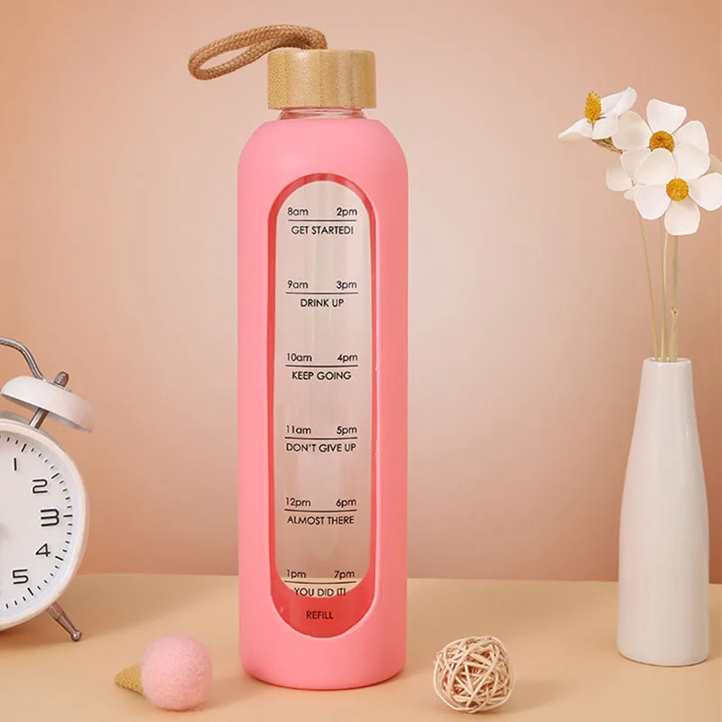 32 oz High Borosilicate Glass Water Bottle with Time Reminder Wide Mouth  Glass Motivational 1L Bamboo Cover Water Bottles