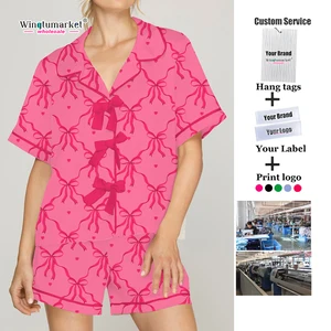 Custom Print Pajama Stylish Lounge Wear Valentines Day Hot pink All Over love Heart Bow Shorts Women Pajamas Sets