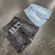 Custom Summer Edge Denim  Cargo Short  Embroidery  Applique Streetwear Acid Wash Jeans Shorts Men Baggy Denim Shorts