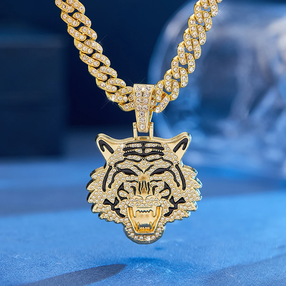 Bling Roaring Tiger Head Pendant Punk Rock Necklace Iced Out Chain Tiger  Pendant Necklace for Men Hip Hop Animal Jewelry Chain