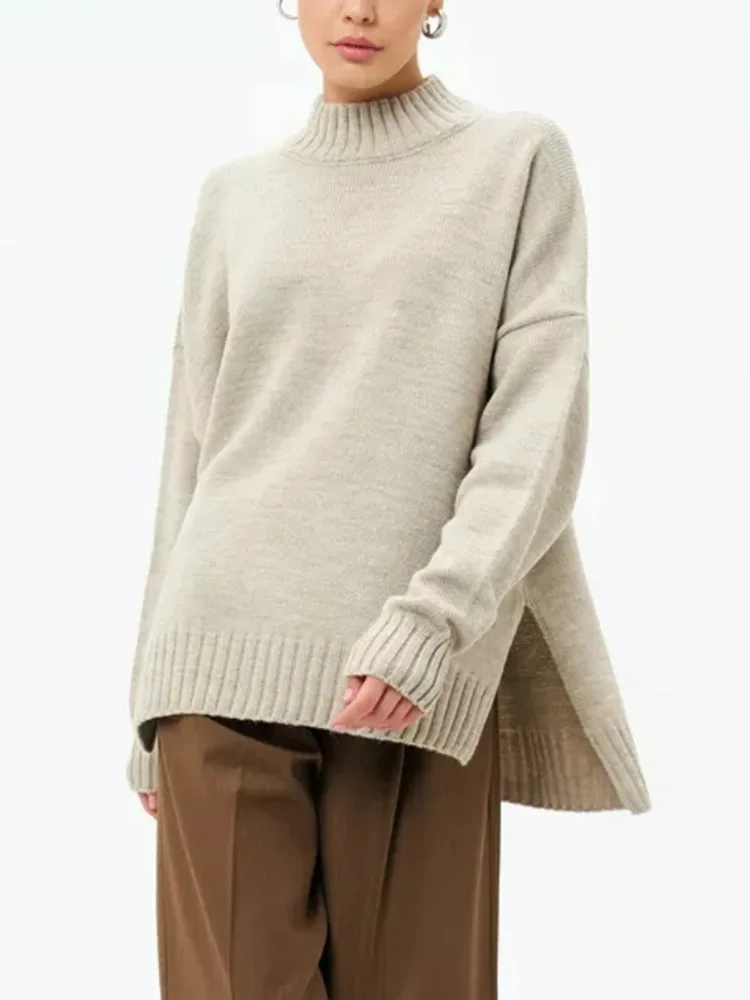 2024 ODM Factory Custom Russian Winter High Quality Mock Neck Turtleneck Knitted Oversized Split Sweater for Women