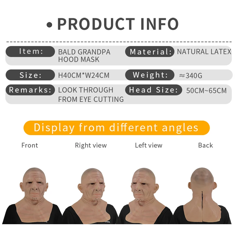 Custom Realistic Human Mask Latex Horror Bald Old Woman Mask with Wrinkle for Halloween Cosplay Adult Mask
