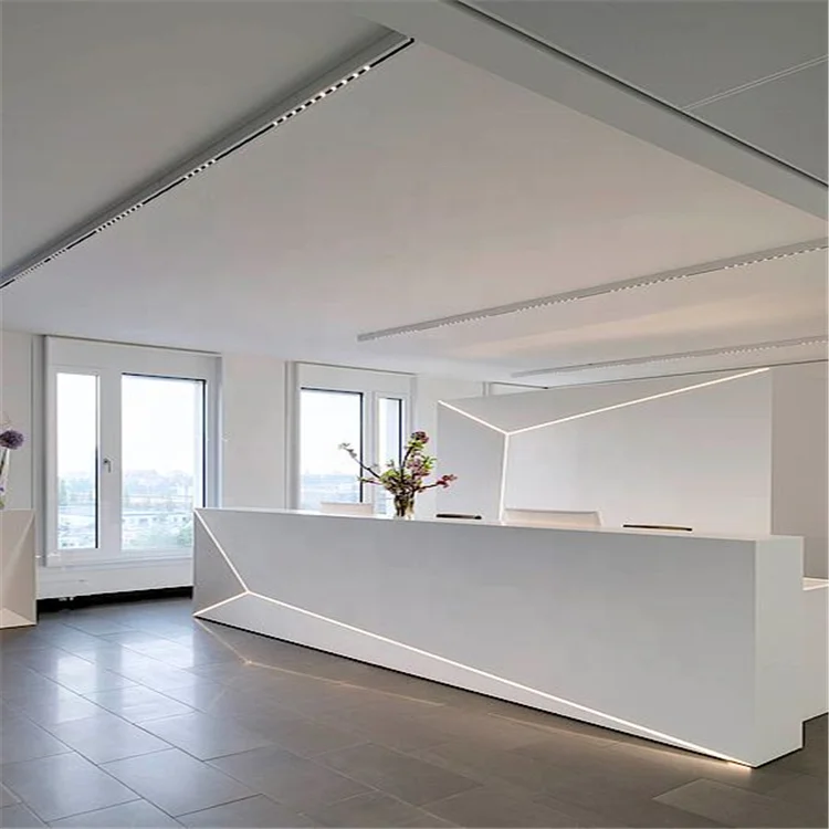 Corians Long Custom Made Office Front Reception Counter Acrylic Lighted Solid Surface Reception Desk Design