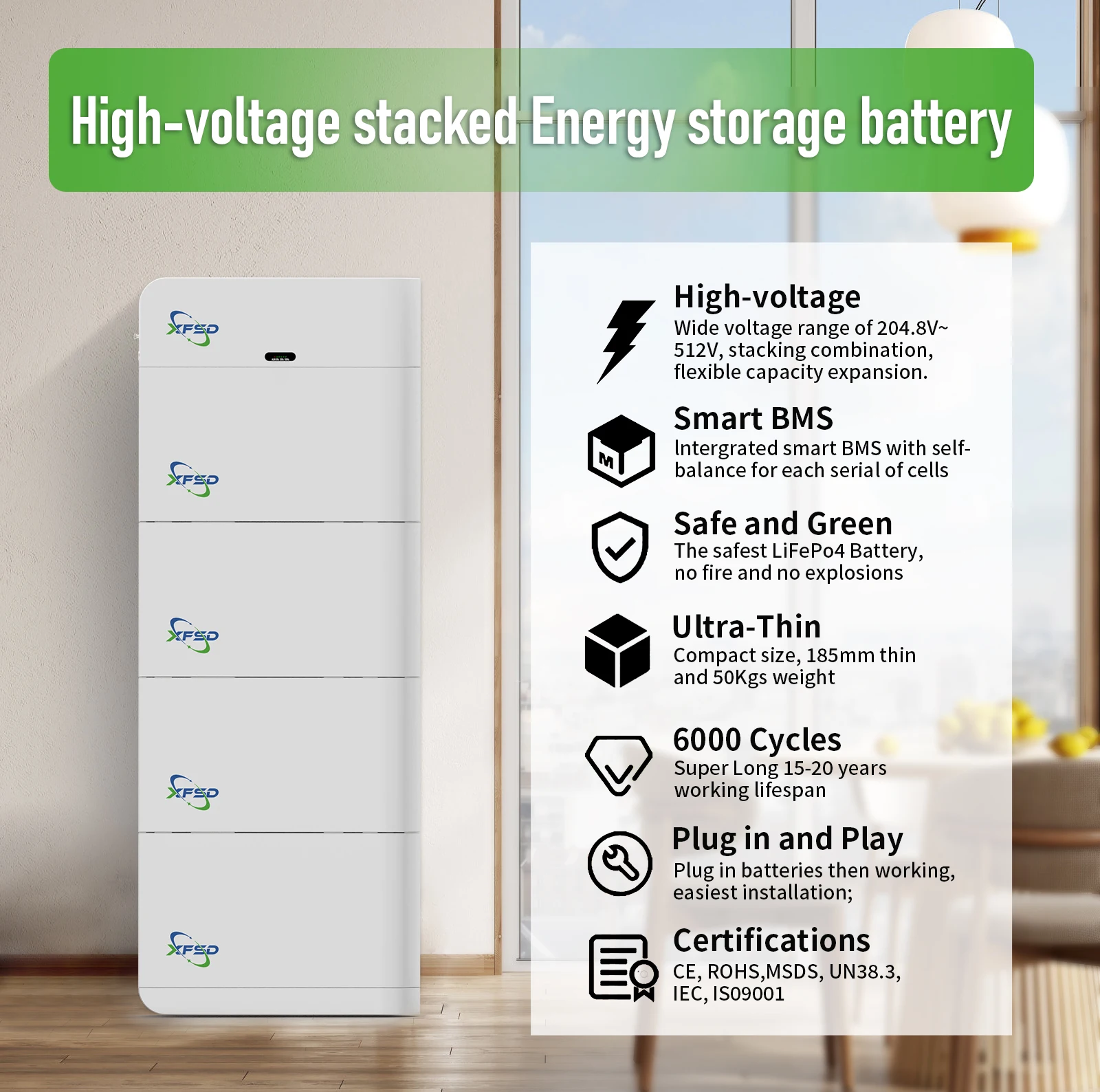 Stacked High Voltage Solar Lithium Lifepo4 Battery 10kwh 15kwh 20kwh 25kwh Pack Rack Mounted Battery Home Energy Storage 200ah factory